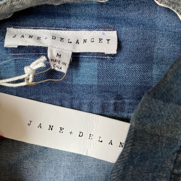 Jane + Delancey Windowpane Plaid Shirt Men M Vintage Washed Blue Button Down NWT - Picture 4 of 11